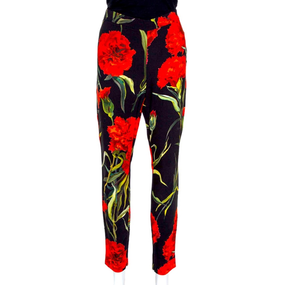 Dolce & Gabbana Trouser ankle pant 38 black red carnation floral bold